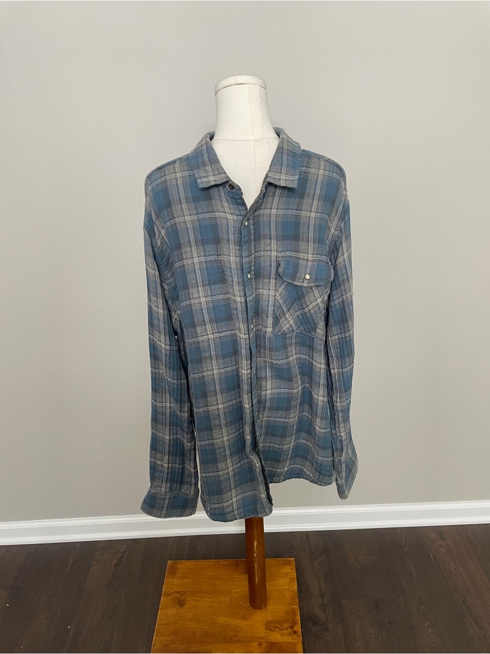 Jeremiah Flannel Shirt Reversible Pearl Snap Plaid Double Duty Western Grey Blue